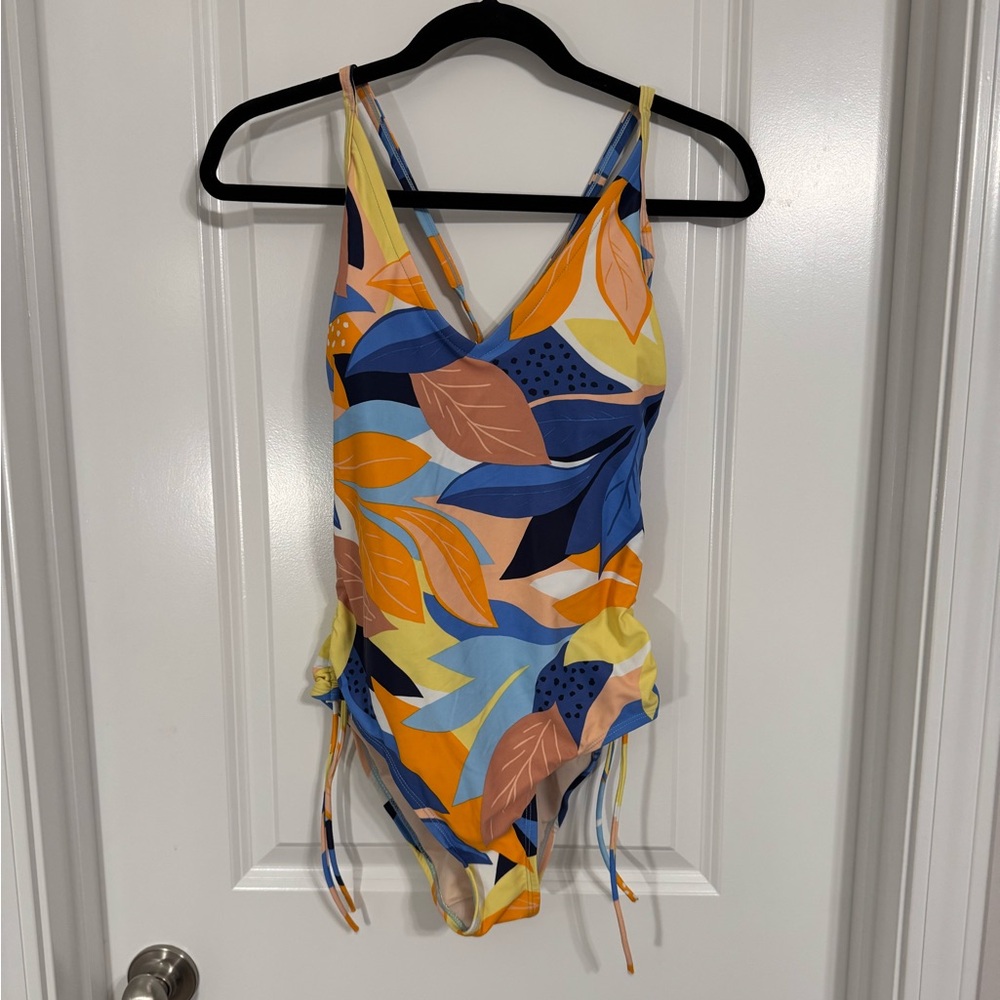Kona Sol Orange Tropical Print Side Cinch Medium Coverage One Piece Swimsuit
